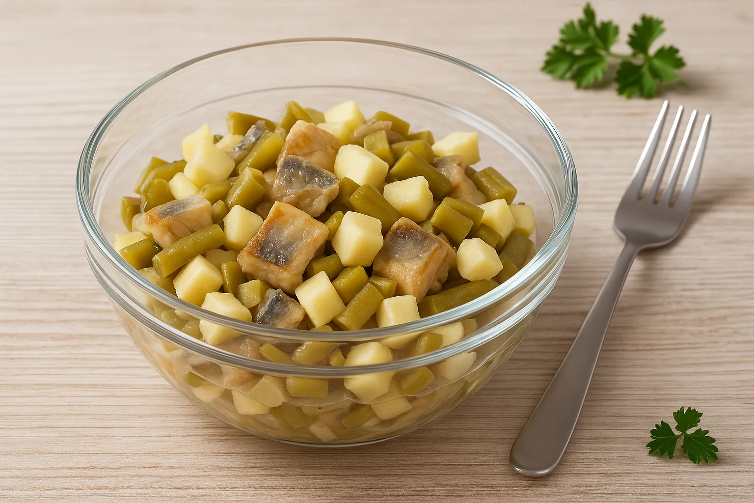 Bratheringssalat mit Heringsstücken, Apfelwürfeln und sauren Bohnen in einer klaren Glasschüssel auf hellem Holzhintergrund.