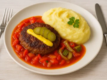 Bratklops mit Letscho, Gewürzgurken und Senf auf weißem Teller, serviert mit Kartoffelpüree und Besteck auf hellem Holztisch