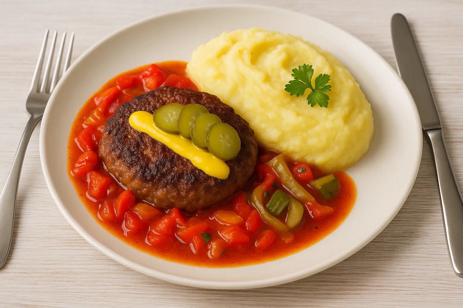 Bratklops mit Letscho, Gewürzgurken und Senf auf weißem Teller, serviert mit Kartoffelpüree und Besteck auf hellem Holztisch