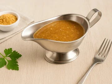 Braune Buttersoße mit Semmelbröseln in Edelstahlsauciere auf Holztisch serviert