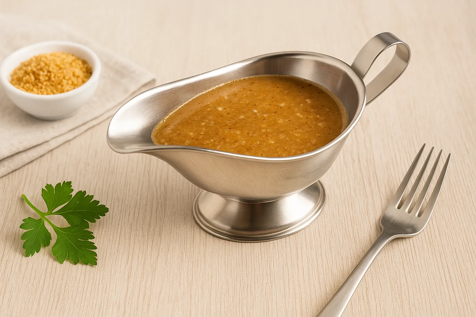 Braune Buttersoße mit Semmelbröseln in Edelstahlsauciere auf Holztisch serviert