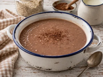 Cremige braune Hafermarksuppe mit Kakao in einer Emaille-Schüssel auf rustikalem Holztisch