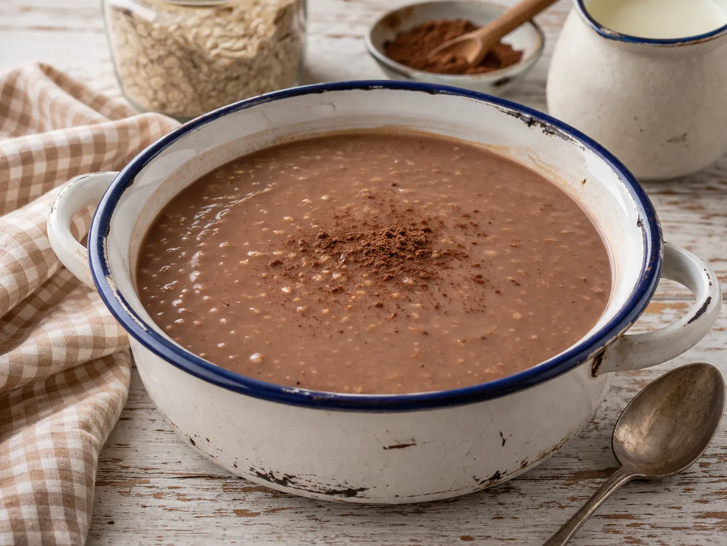 Cremige braune Hafermarksuppe mit Kakao in einer Emaille-Schüssel auf rustikalem Holztisch