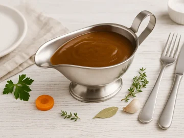 Braune Soße in einer Edelstahl-Sauciere, angerichtet auf weißem Holzhintergrund mit rustikaler Tischdekoration