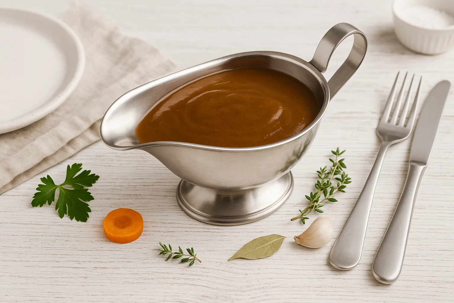 Braune Soße in einer Edelstahl-Sauciere, angerichtet auf weißem Holzhintergrund mit rustikaler Tischdekoration