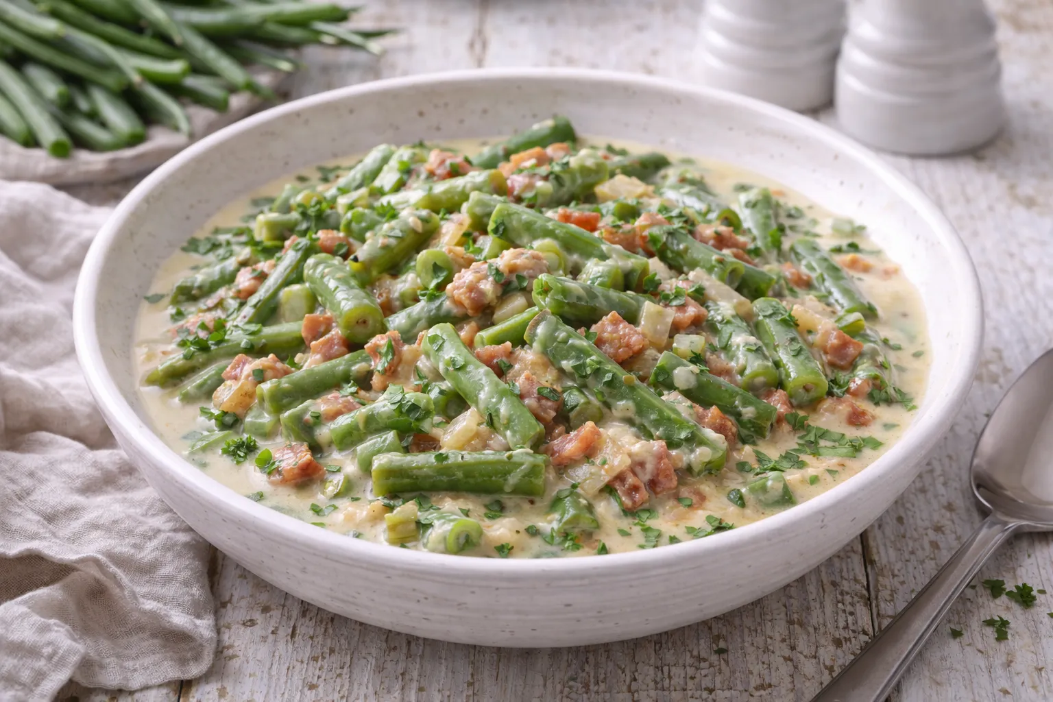 Brechbohnen in Rahm mit Speckwürfeln und Zwiebeln in weißer Schüssel auf weißem Holzhintergrund