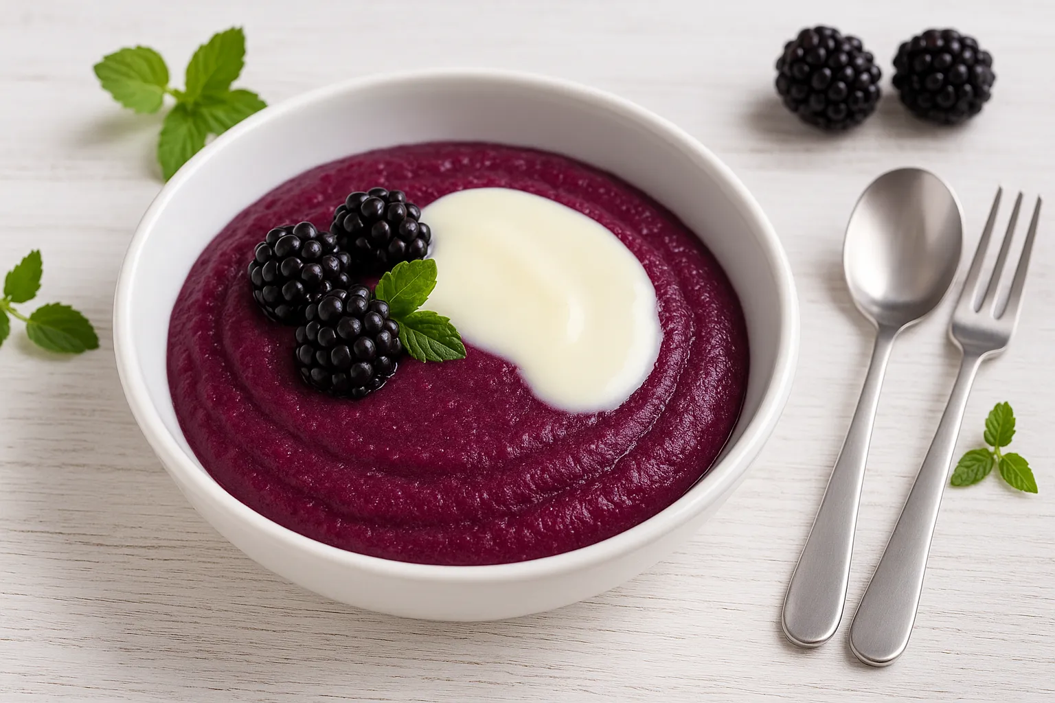 Fruchtige Brombeergrütze im weißen DDR-Dessertteller, serviert mit Sahne und frischen Brombeeren auf weißem Holzhintergrund