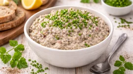 Cremiger Brotaufstrich aus Räucherhering mit Kräutern in Schüssel auf hellem Holzhintergrund