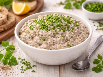 Cremiger Brotaufstrich aus Räucherhering mit Kräutern in Schüssel auf hellem Holzhintergrund