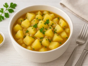 Brühkartoffeln in kräftiger Brühe mit Zwiebeln und Petersilie in weißer Schüssel