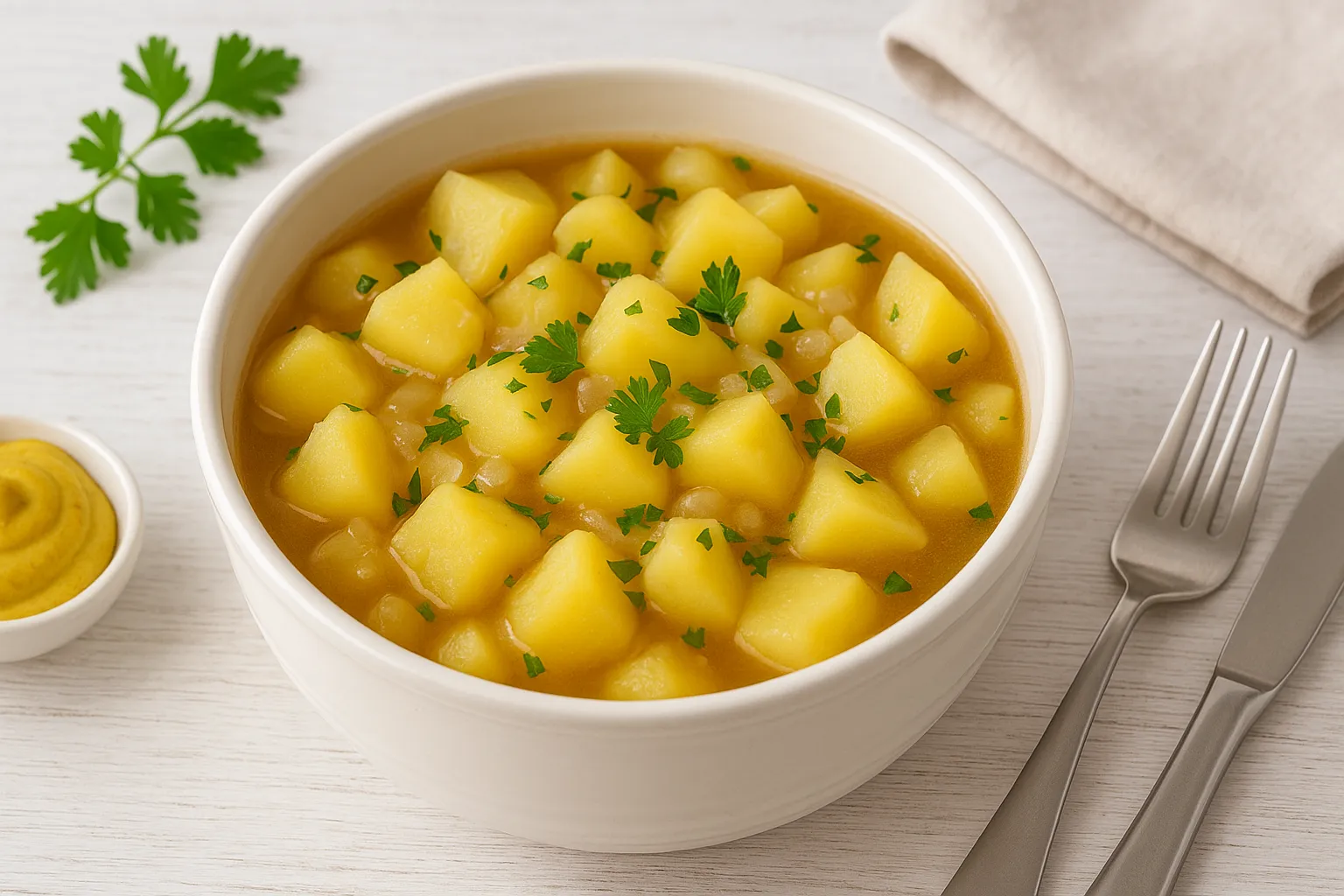 Brühkartoffeln in kräftiger Brühe mit Zwiebeln und Petersilie in weißer Schüssel