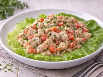 Budapester Geflügelsalat mit Hühnerfleisch, Champignons und Tomaten in cremiger Joghurtsoße auf grünem Salatblatt