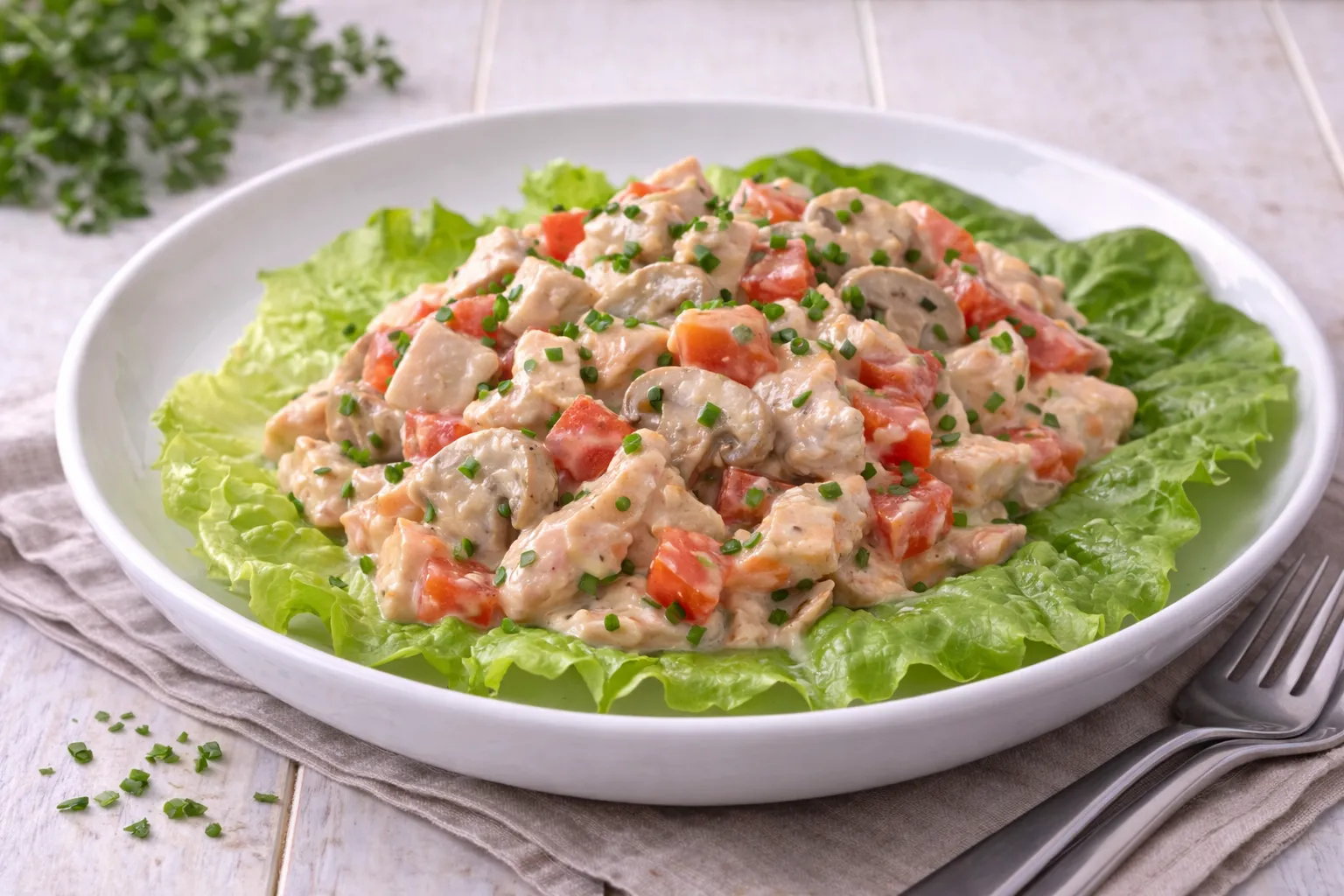 Budapester Geflügelsalat mit Hühnerfleisch, Champignons und Tomaten in cremiger Joghurtsoße auf grünem Salatblatt