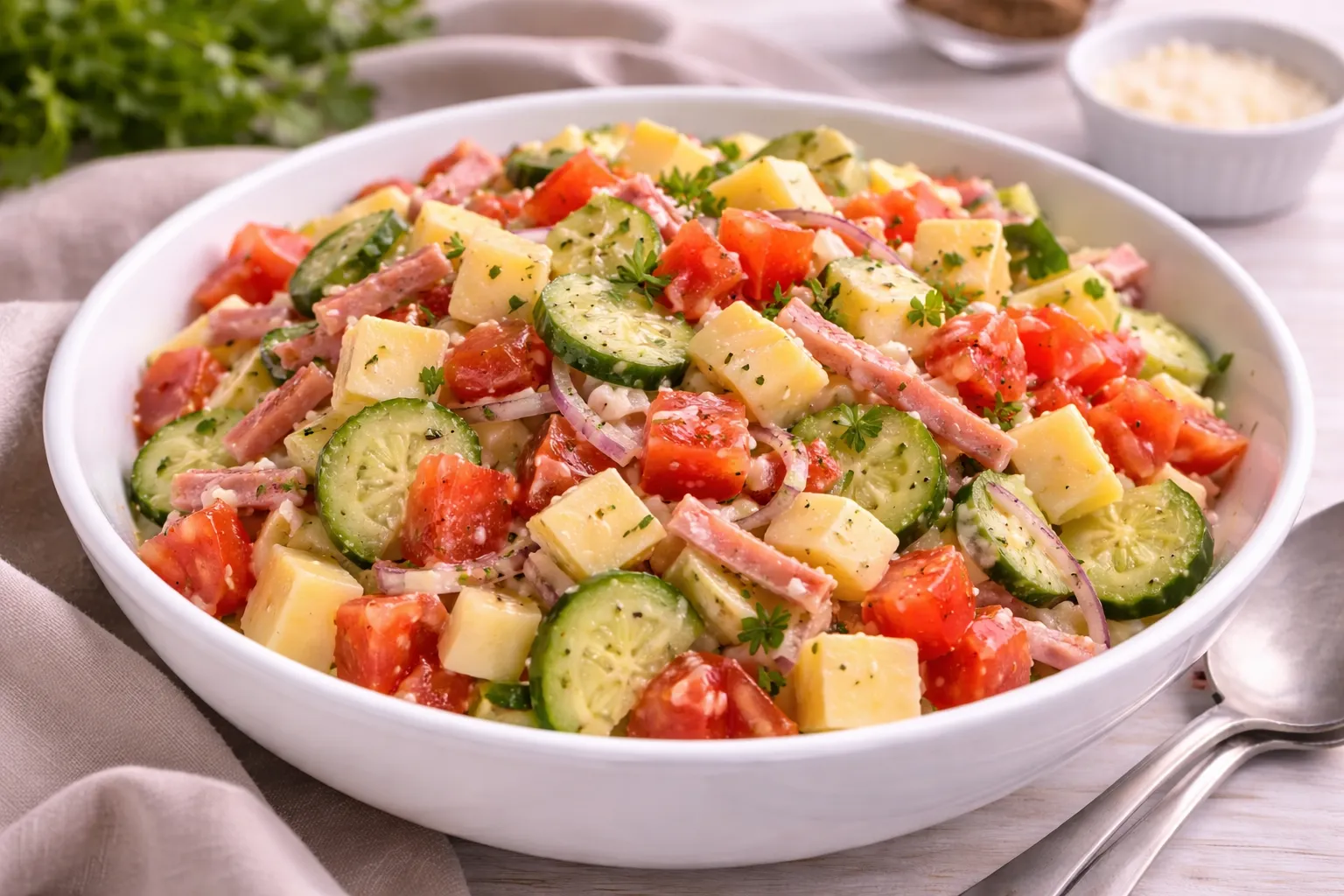 Bühlauer Käsesalat mit Schnittkäse, Tomaten, Gurke, Schinken und Zwiebeln in weißer Schüssel auf hellem Holztisch.