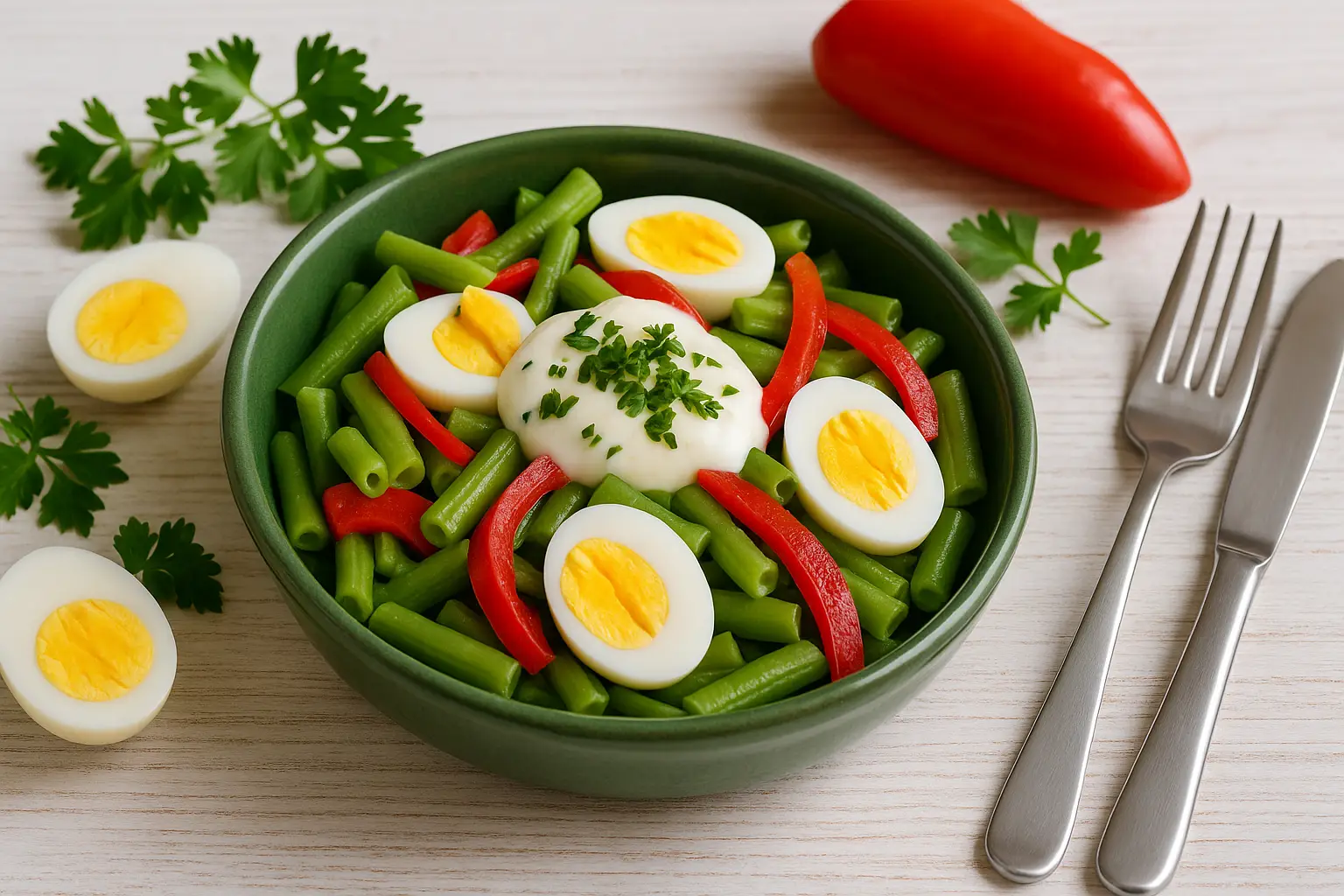  Bulgarischer Eiersalat in grüner DDR-Salatschale, mit Brechbohnen, Ei, Paprika und Remoulade, dekoriert mit Kräutern auf weißem Holztisch.
