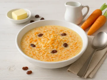 Bunte Schrotsuppe mit Weizenschrot, Möhrenraspeln und Sultaninen in weißer Schüssel, serviert mit Löffel, Butter und Milch auf weißem Holztisch