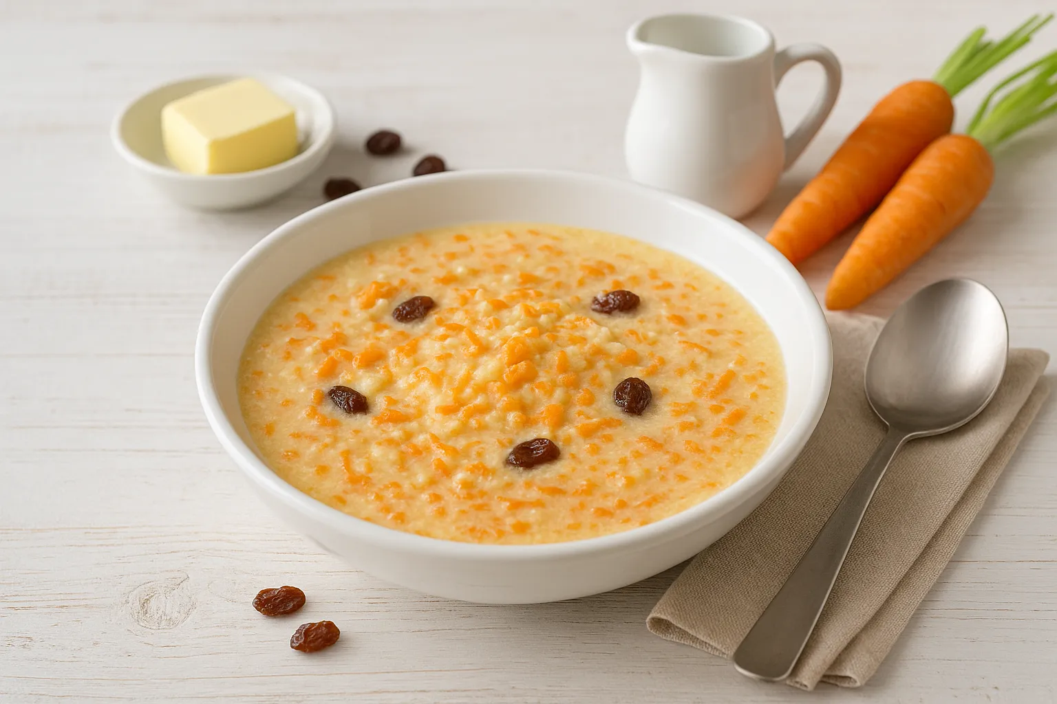 Bunte Schrotsuppe mit Weizenschrot, Möhrenraspeln und Sultaninen in weißer Schüssel, serviert mit Löffel, Butter und Milch auf weißem Holztisch