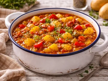 Kartoffeltopf mit Gemüse in einer Emaille-Schüssel auf rustikalem Holztisch