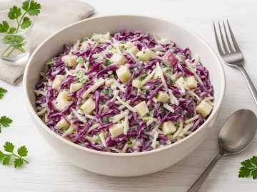 Bunter Kohlsalat aus Rotkohl, Weißkohl, Äpfeln und Zwiebeln mit Joghurt in einer Schüssel serviert