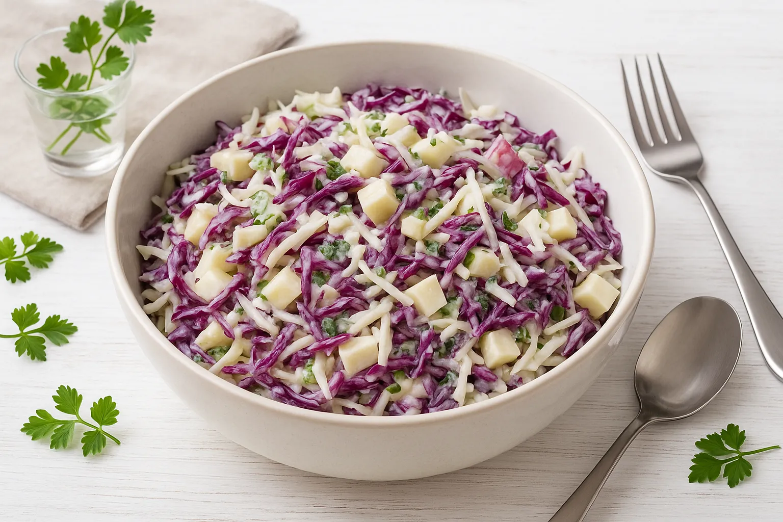 Bunter Kohlsalat aus Rotkohl, Weißkohl, Äpfeln und Zwiebeln mit Joghurt in einer Schüssel serviert