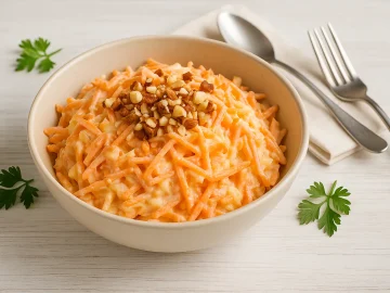 Bunter Rohkostsalat mit Apfelraspeln, Möhren und Haselnüssen in Schüssel auf hellem Holzhintergrund