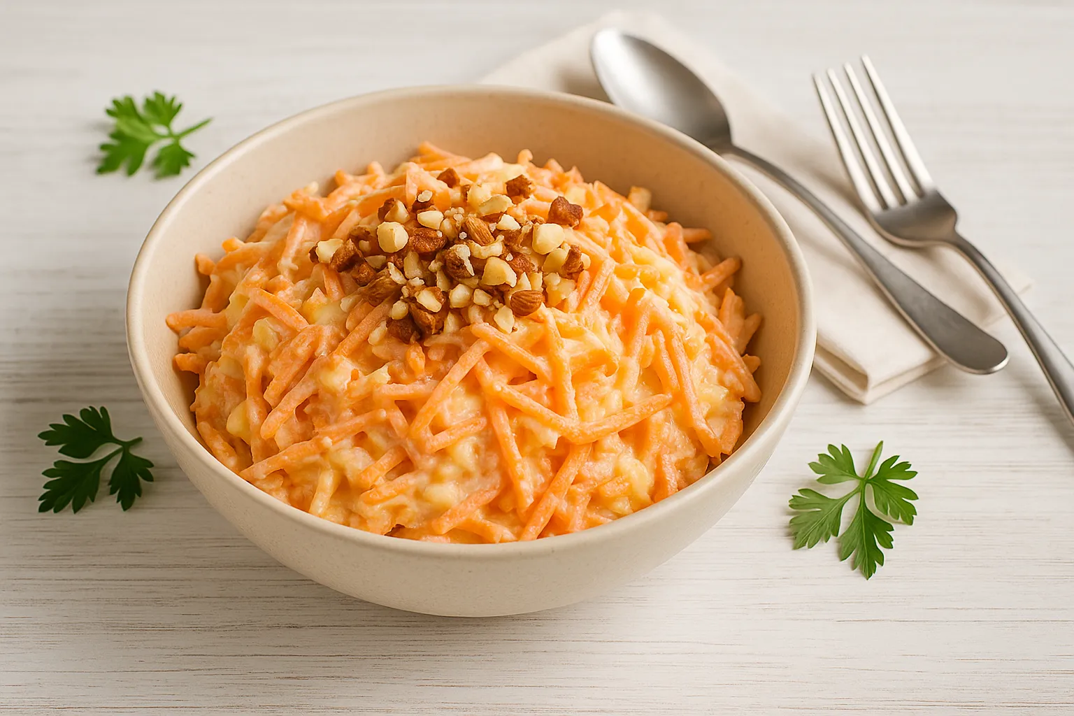 Bunter Rohkostsalat mit Apfelraspeln, Möhren und Haselnüssen in Schüssel auf hellem Holzhintergrund