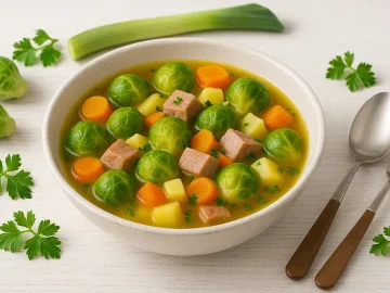 Bunter Rosenkohleintopf mit Kassler, Möhren, Porree und Kartoffeln in weißer Schüssel auf hellem Holztisch mit Besteck und Deko