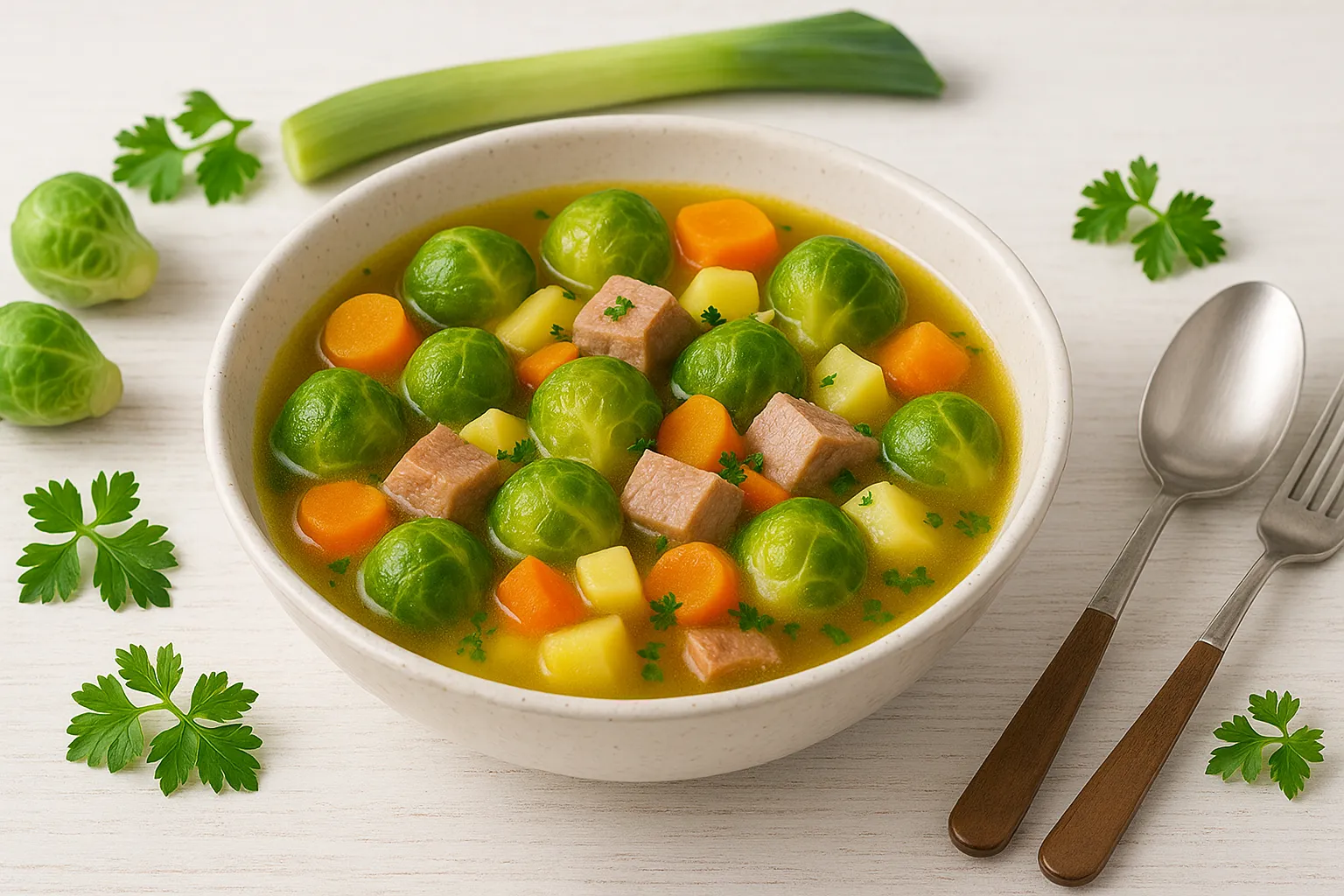 Bunter Rosenkohleintopf mit Kassler, Möhren, Porree und Kartoffeln in weißer Schüssel auf hellem Holztisch mit Besteck und Deko