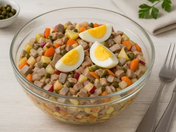 Glasschüssel mit buntem Silvestersalat aus Hering, Fleisch, Zwiebeln, Äpfeln und Möhren, garniert mit Ei