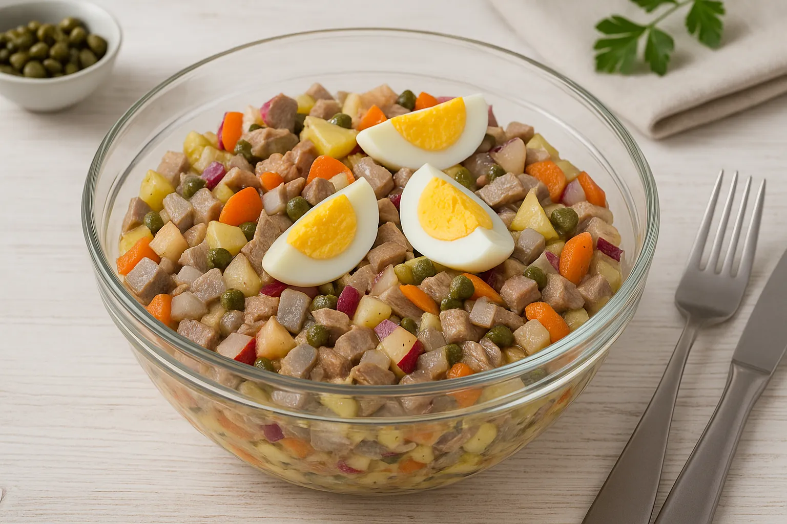 Glasschüssel mit buntem Silvestersalat aus Hering, Fleisch, Zwiebeln, Äpfeln und Möhren, garniert mit Ei