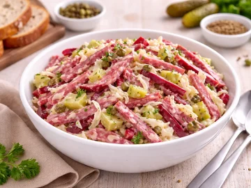 Bunter Wurstsalat mit Salami, roter Bete und Gurken in einer weißen Schüssel auf hellem Holzhintergrund