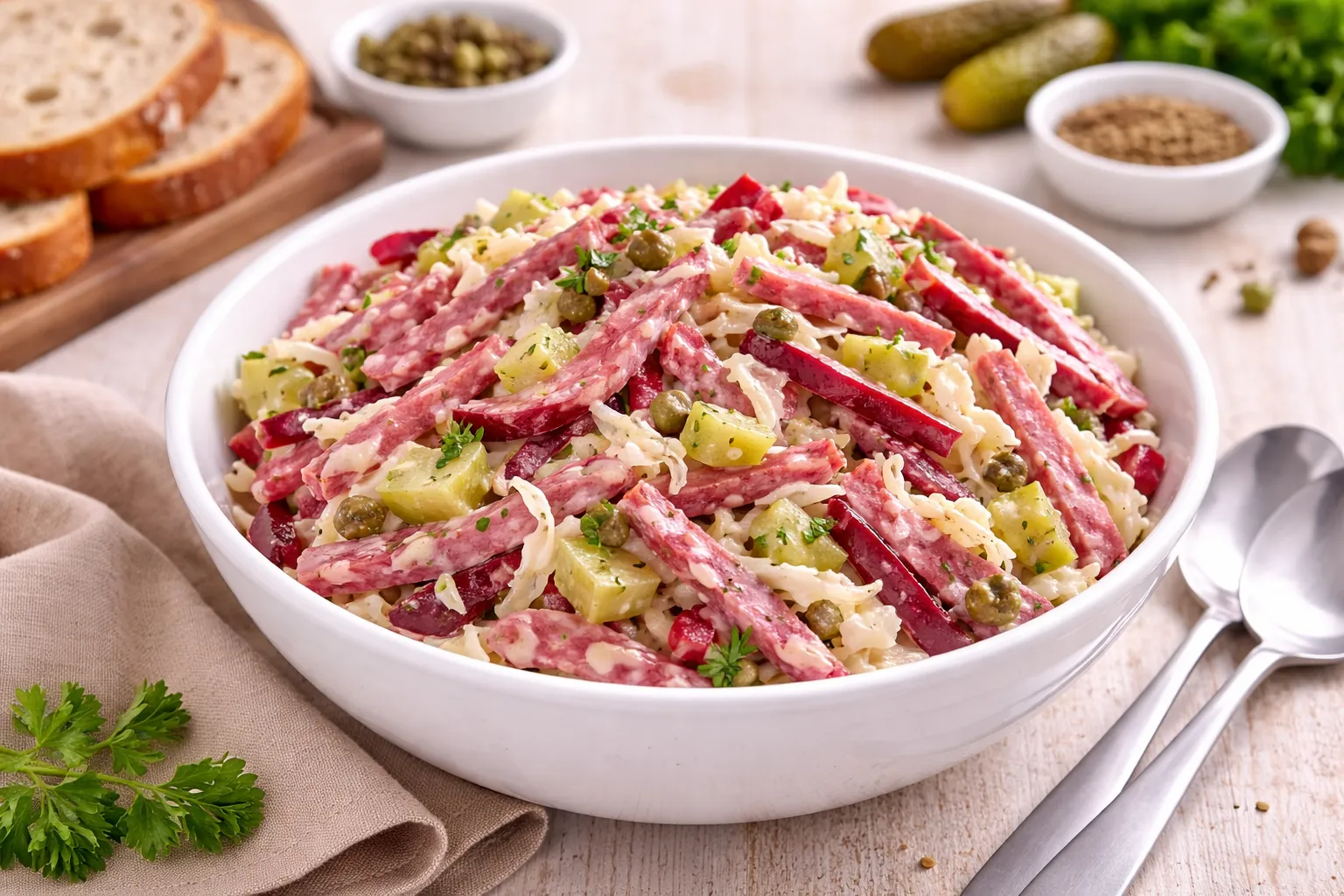 Bunter Wurstsalat mit Salami, roter Bete und Gurken in einer weißen Schüssel auf hellem Holzhintergrund
