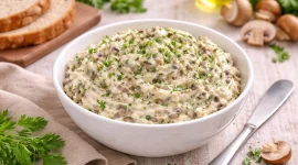 Butteraufstrich mit Pilzen und Petersilie in einer weißen Schüssel auf hellem Holzhintergrund