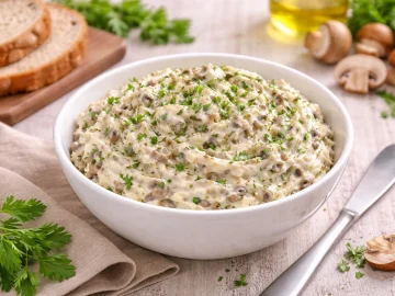 Butteraufstrich mit Pilzen und Petersilie in einer weißen Schüssel auf hellem Holzhintergrund