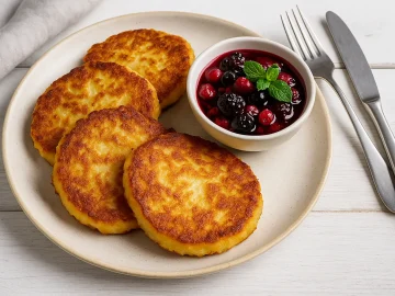 Buttermilchgetzen aus Kartoffeln, knusprig gebraten und mit Beerenkompott serviert