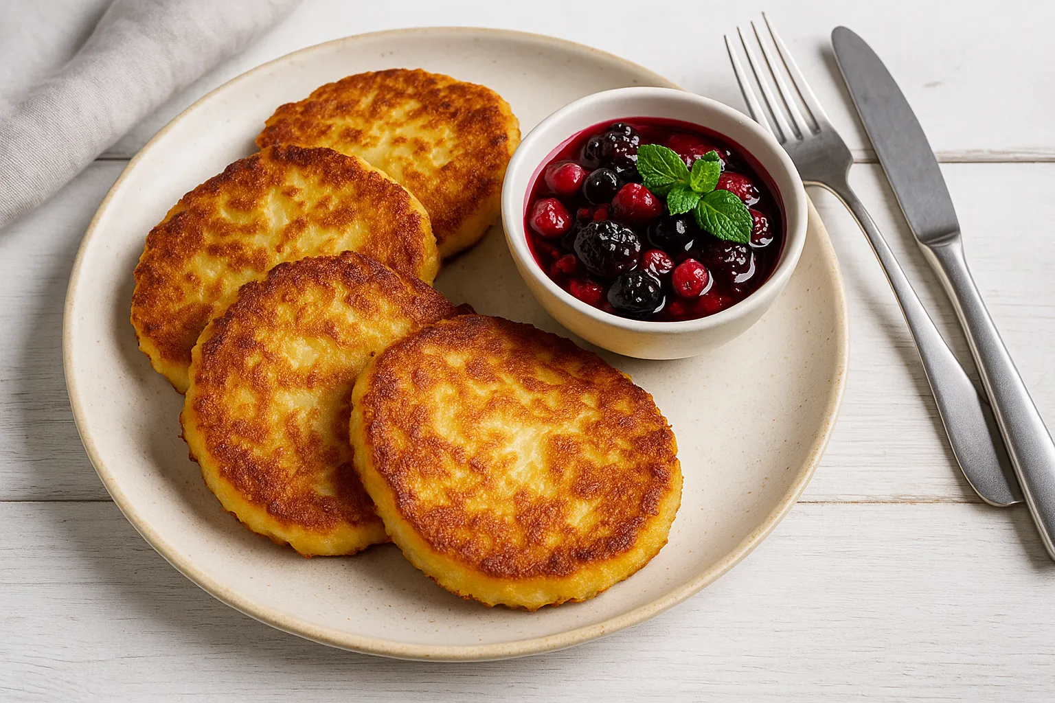 Buttermilchgetzen aus Kartoffeln, knusprig gebraten und mit Beerenkompott serviert