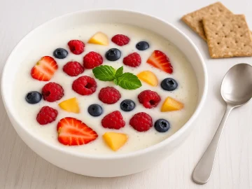 Buttermilchkaltschale mit frischen Früchten in weißer Schüssel auf hellem Holztisch serviert