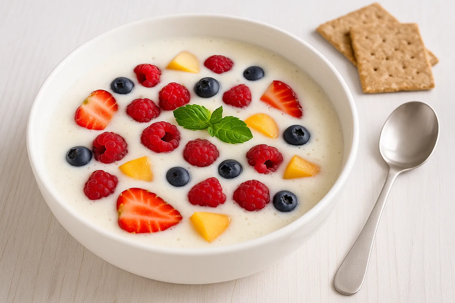 Buttermilchkaltschale mit frischen Früchten in weißer Schüssel auf hellem Holztisch serviert