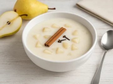 Buttermilchsuppe mit Birnen, serviert in einer weißen Suppenschale auf hellem Holztisch