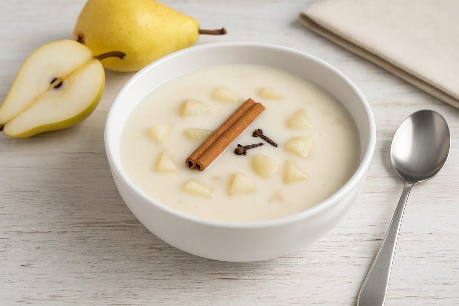 Buttermilchsuppe mit Birnen, serviert in einer weißen Suppenschale auf hellem Holztisch