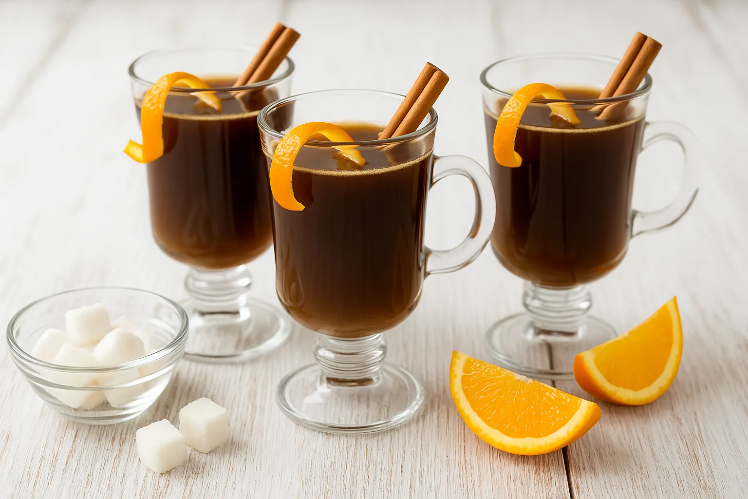 Café Martinique mit Rum, Orangenschale und Zimtstange im Glas serviert