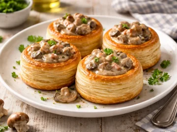 Blätterteigpastetchen gefüllt mit cremigen Champignons in weißem Geschirr auf rustikalem Holztisch angerichtet