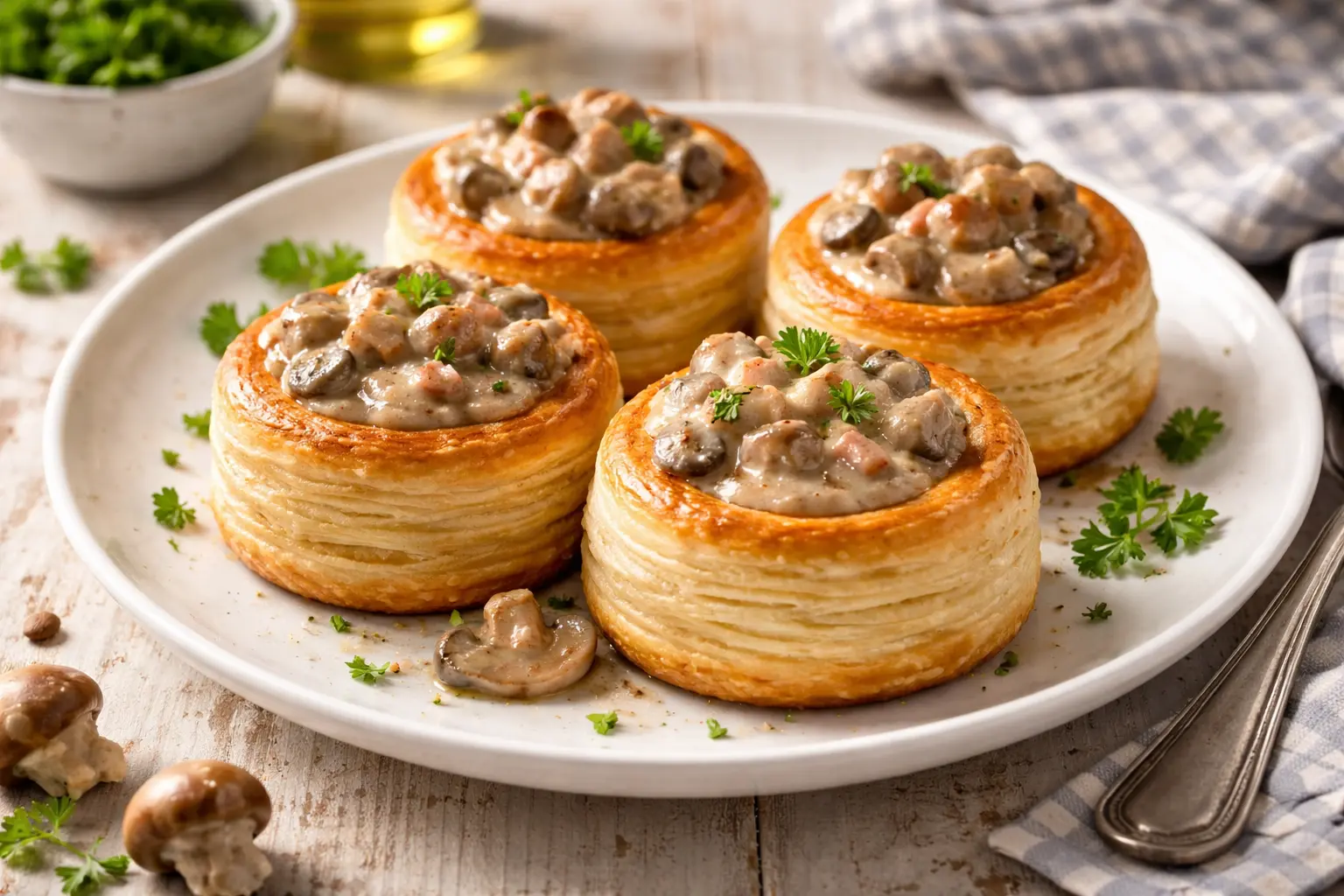 Blätterteigpastetchen gefüllt mit cremigen Champignons in weißem Geschirr auf rustikalem Holztisch angerichtet