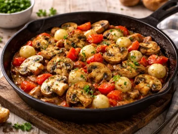 Champignons mit Zwiebeln und Tomaten in einer rustikalen Pfanne auf hellem Holztisch angerichtet