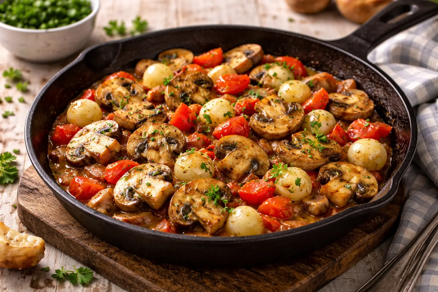 Champignons mit Zwiebeln und Tomaten in einer rustikalen Pfanne auf hellem Holztisch angerichtet