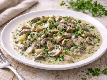 Champignons in cremiger Kräutersoße mit Petersilie auf weißem Teller auf hellem Holztisch