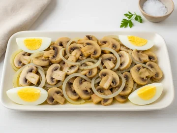 Champignonsalat mit Zwiebeln, Zitronensaft und Eiern auf Servierplatte angerichtet