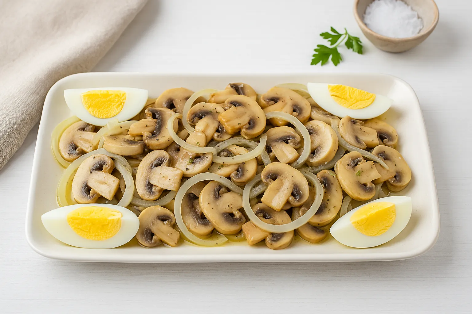 Champignonsalat mit Zwiebeln, Zitronensaft und Eiern auf Servierplatte angerichtet