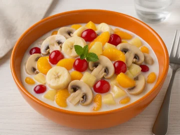 Orangefarbene Schüssel mit Champignonsalat, garniert mit Früchten und übergossen mit Sahne auf weißem Holzhintergrund