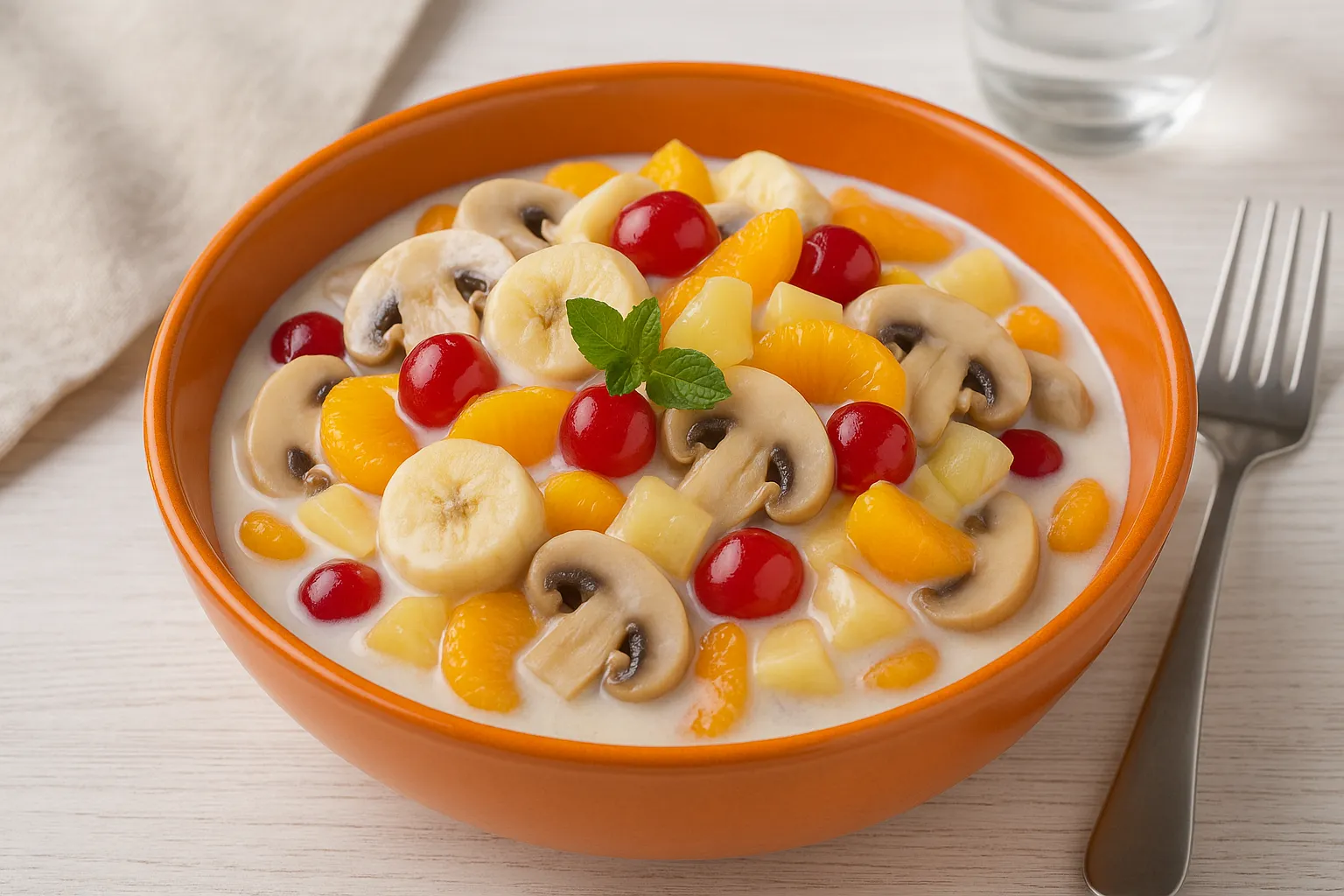 Orangefarbene Schüssel mit Champignonsalat, garniert mit Früchten und übergossen mit Sahne auf weißem Holzhintergrund